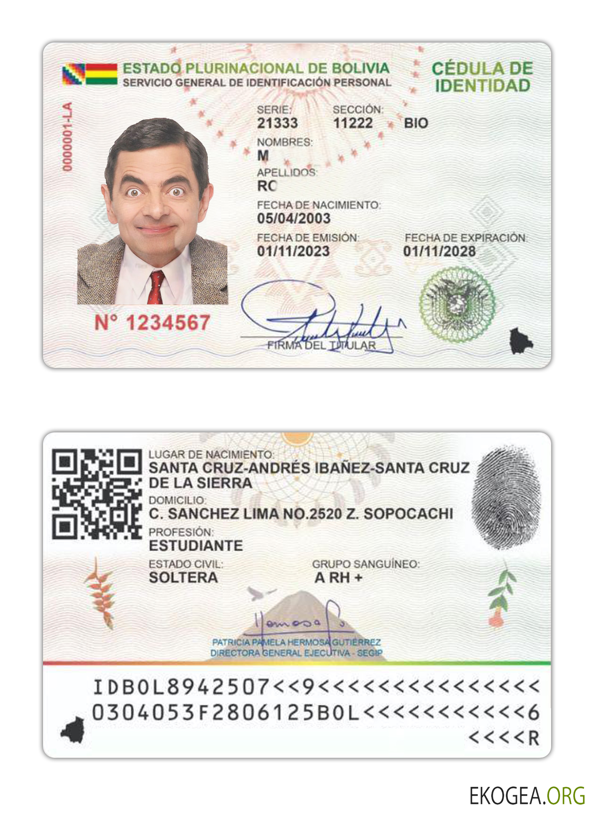 Carte d'identité bolivienne 2023 présent